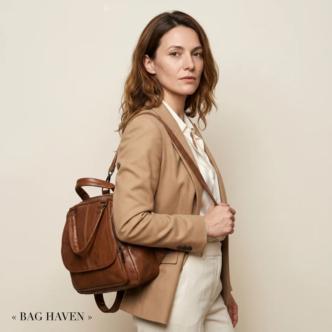 Sac à dos en pu lisse marron avec design structuré et poignée supérieure pour usage urbain serano
