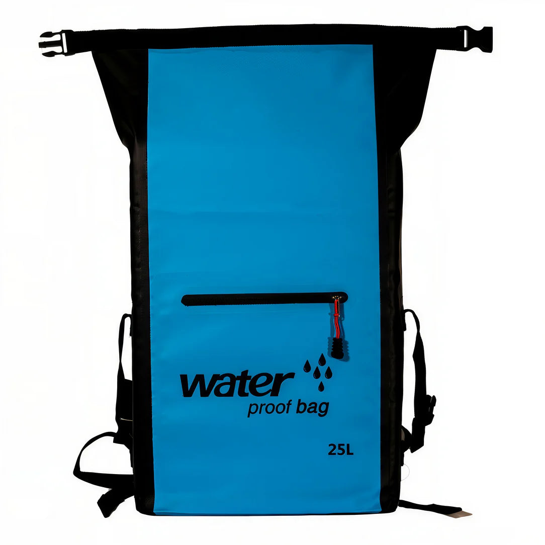 Sac à dos étanche 25L en bleu et noir, imperméable et idéal pour l’aventure