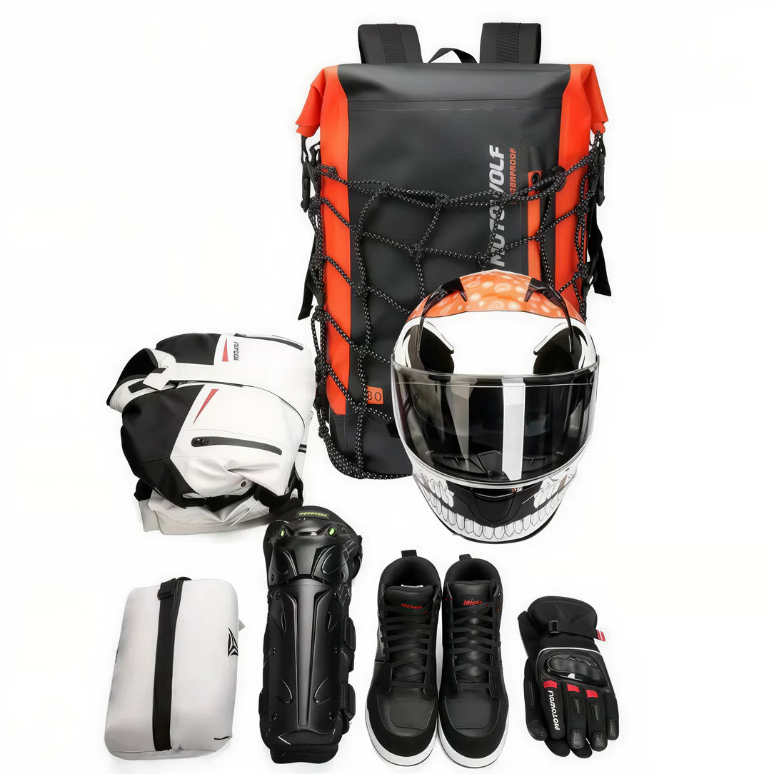 Assortiment d’équipement moto avec sac à dos étanche MotoWolf 30L roll top