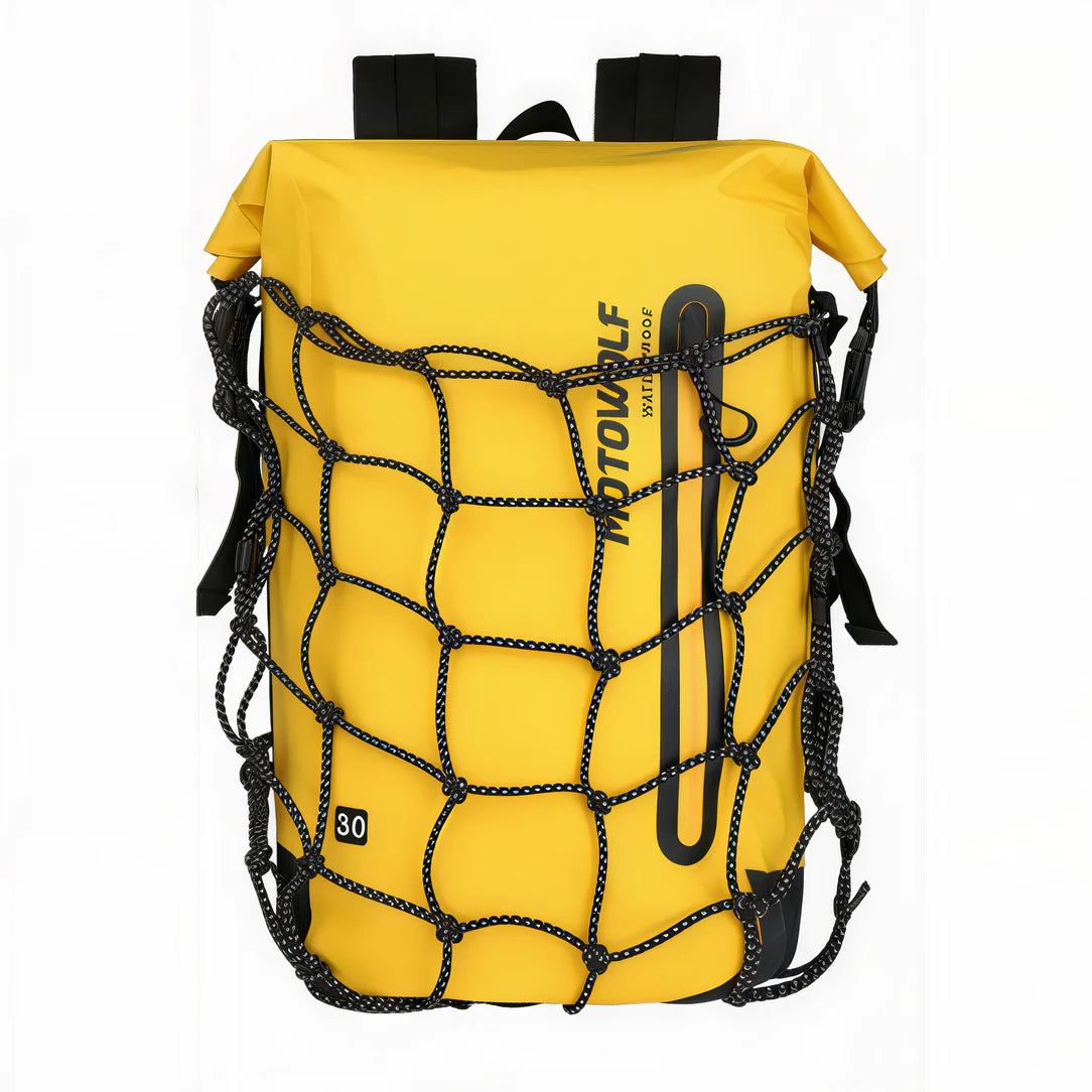 Sac à dos étanche pour moto MotoWolf 30L avec rouleau et filet noir
