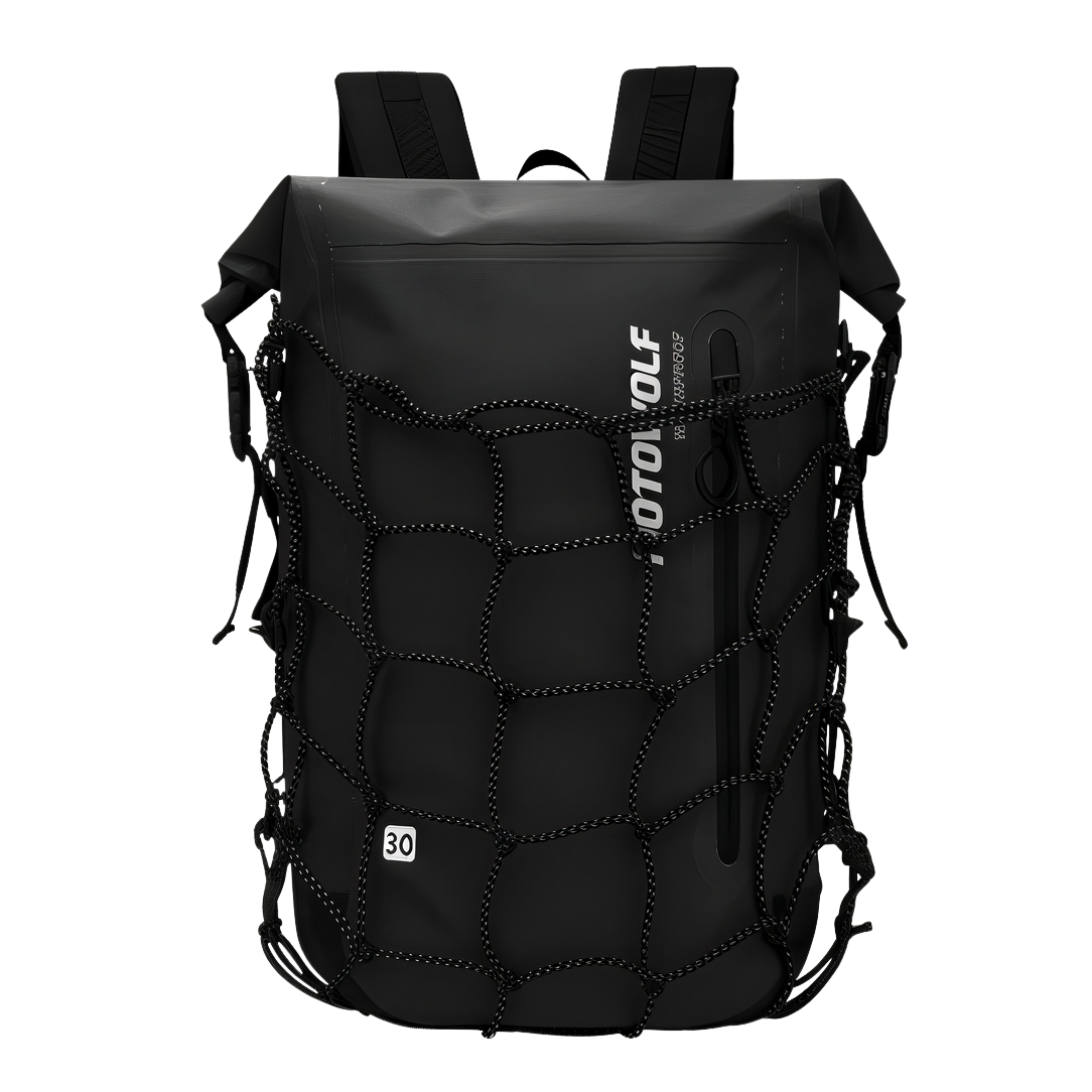 Sac à dos étanche pour moto MotoWolf 30L avec filet, parfait pour road trip
