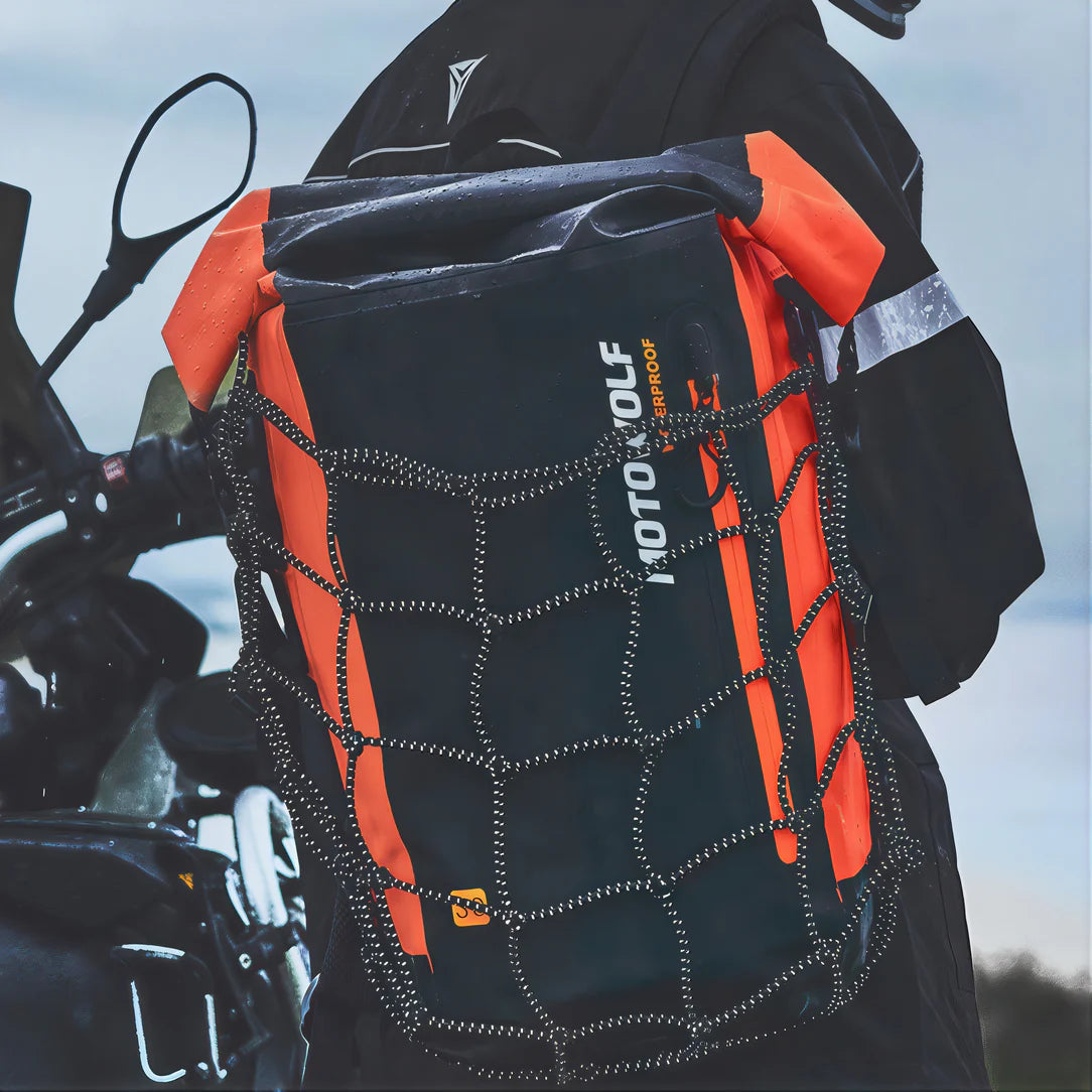 Sac à dos étanche MotoWolf 30L avec sacoche de queue et filet cargo, roll top