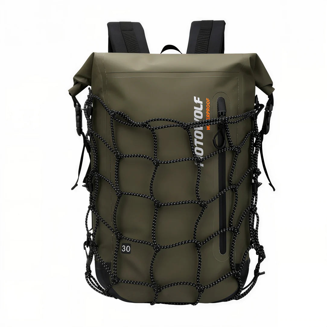 Sac à dos étanche pour moto MotoWolf 30L avec porte rouleau et poches en filet noir