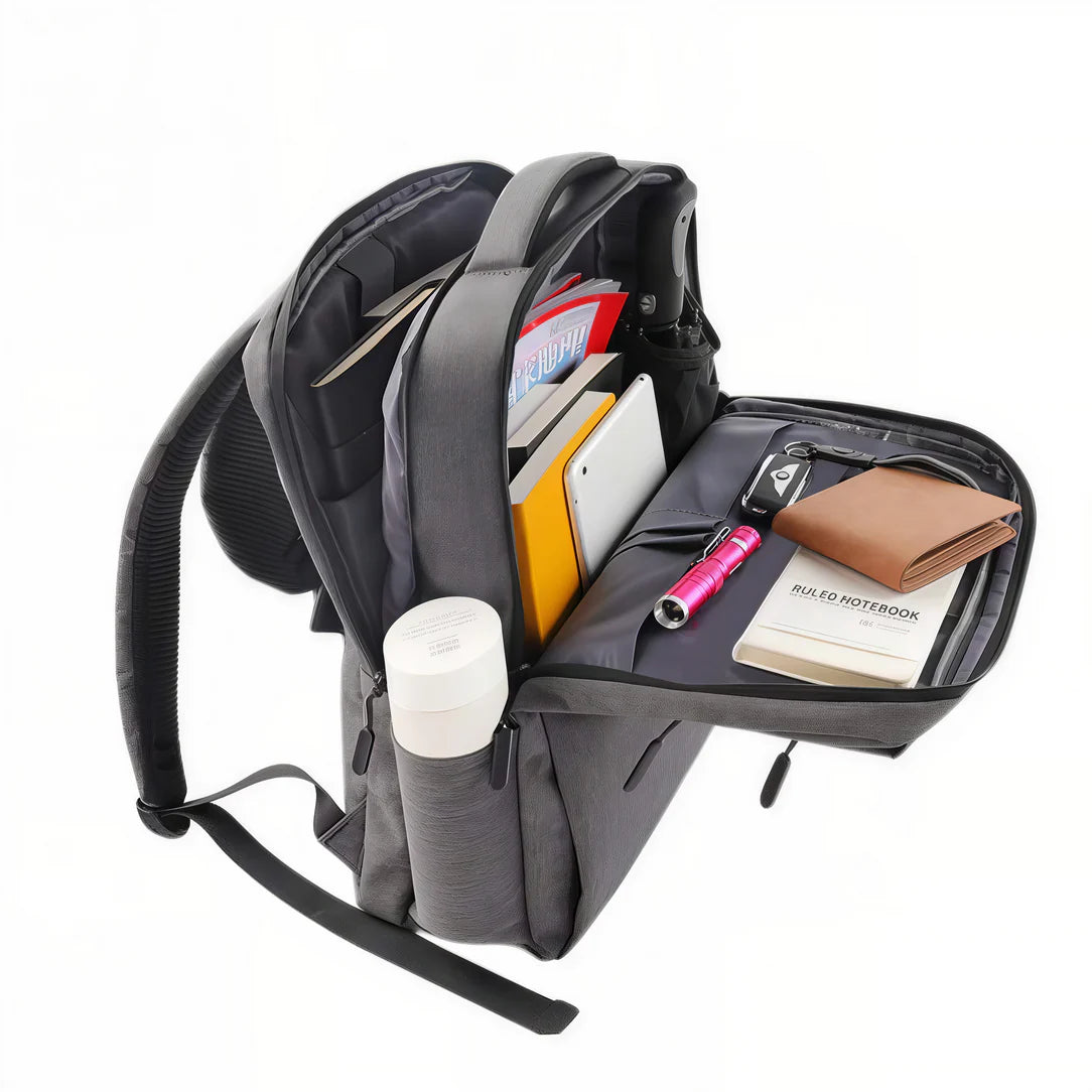 Sac à dos étudiant ordinateur Logedia One avec contenu gris ouvert pour ordinateur