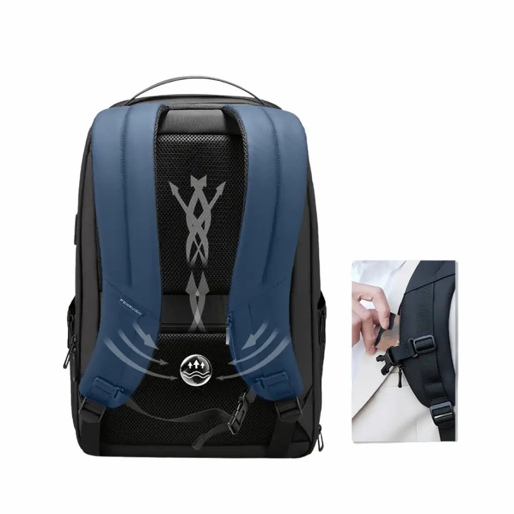 Sac à dos homme travail imperméable RainProof avec ventilation, bleu et noir
