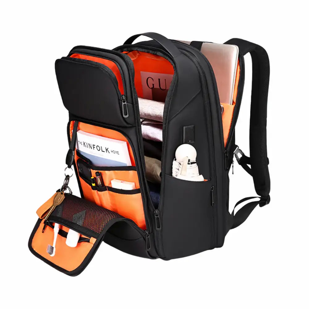 Sac à dos homme travail imperméable RainProof noir ouvert avec intérieur orange vibrant