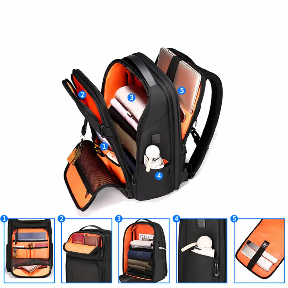 Sac à dos homme travail imperméable RainProof noir ouvert avec intérieur orange brillant