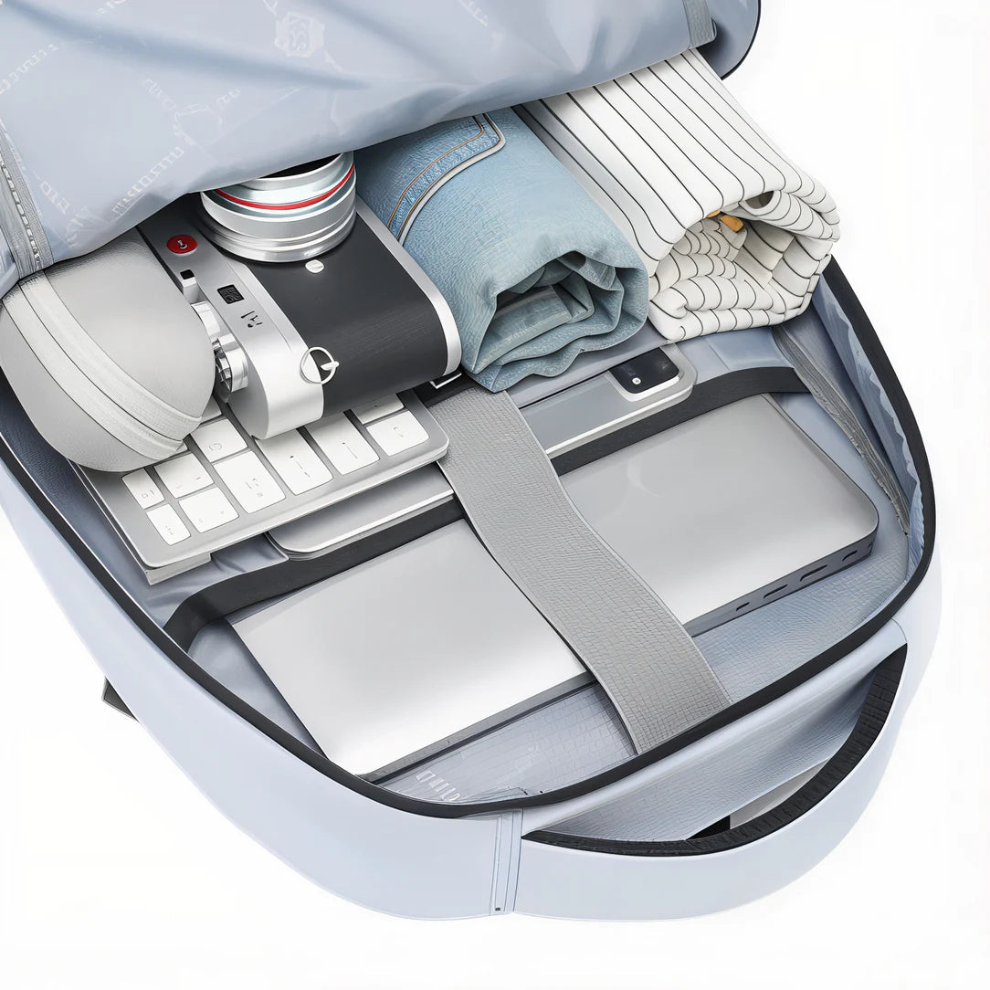 Sac à dos multi compartiment femme Partiva X avec nombreuses poches, rempli d’électroniques et vêtements