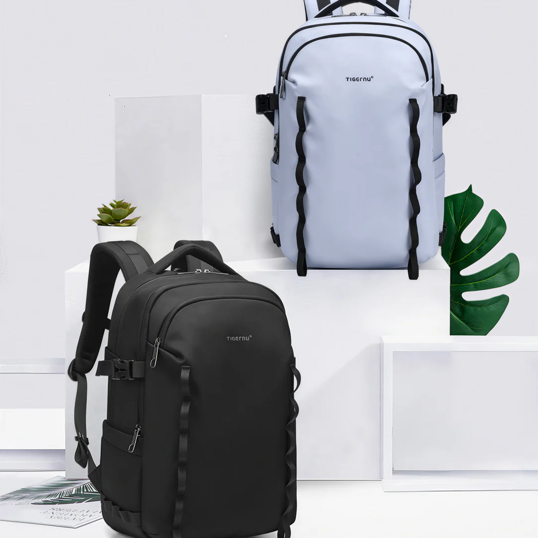 Sac à dos multi compartiment femme Partiva X avec nombreuses poches, noir et bleu clair