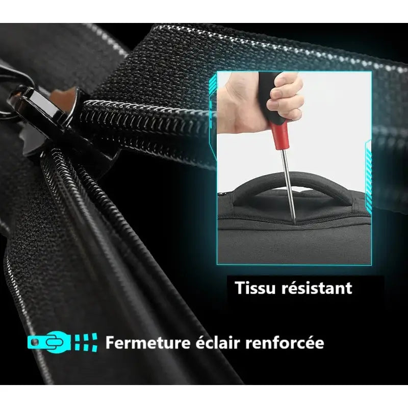 Fermeture à glissière noire durable et tissu résistant aux perforations.