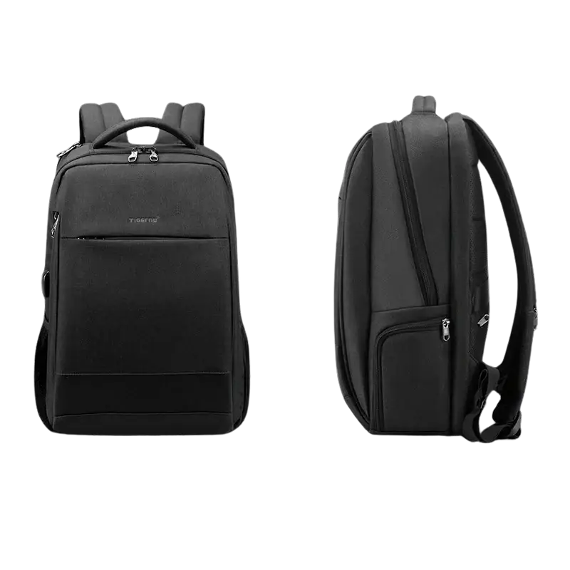 Sac à dos noir à compartiments multiples.