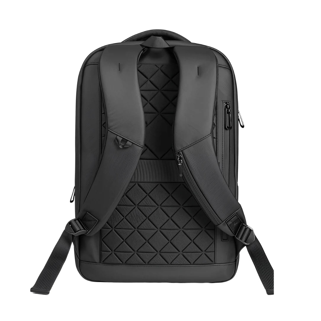 Sac à dos noir avec bretelles rembourrées et dos matelassé.