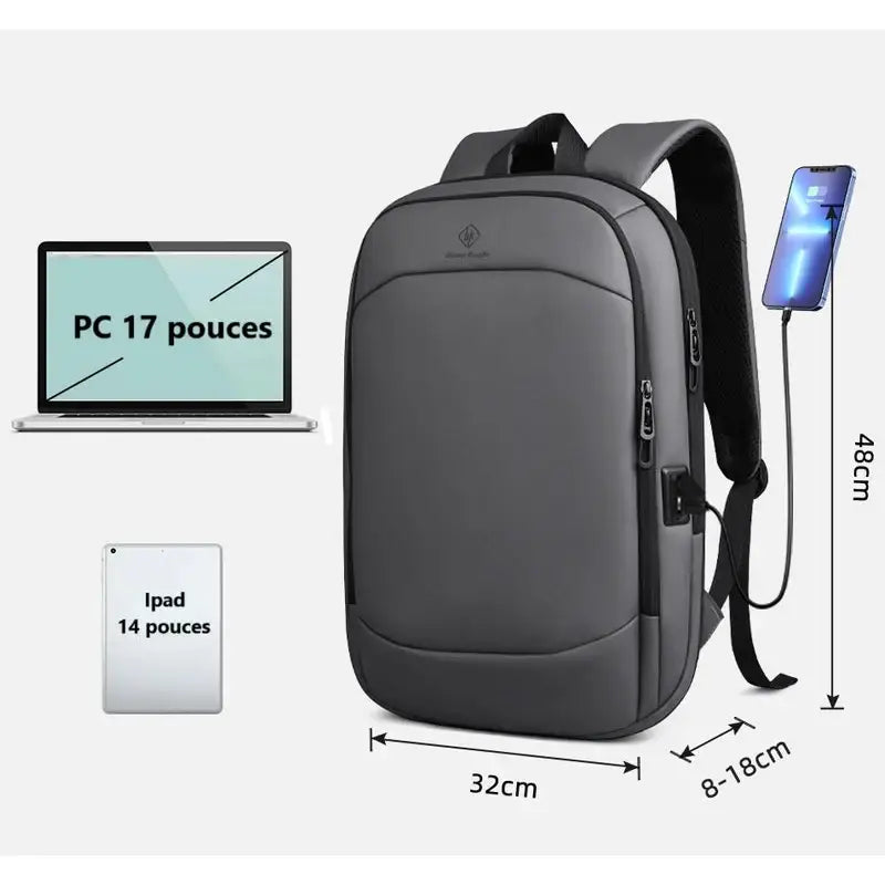 Sac à dos ordinateur 17 pouces femme avec câble de chargement gris pour femmes