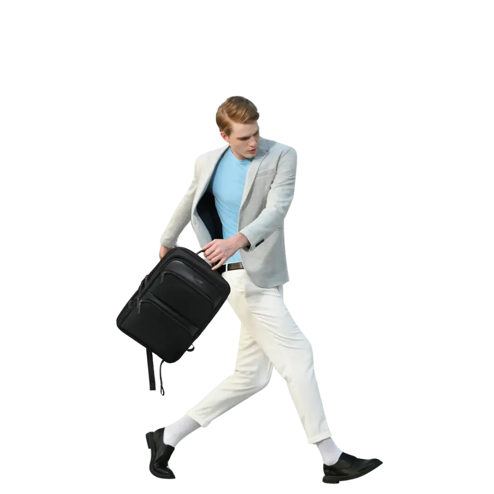 Homme portant un sac à dos ordinateur professionnel Workline avec une mallette noire