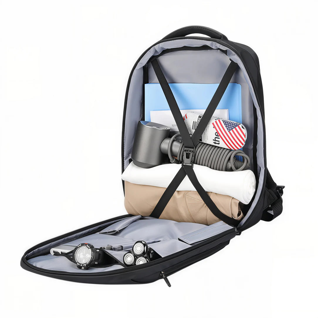 Sac à dos PC 15 pouces femme FifteenX avec accessoires de voyage ouverts