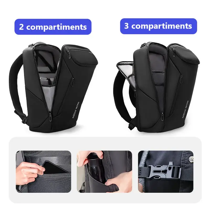 Sac à dos noir à compartiments multiples.