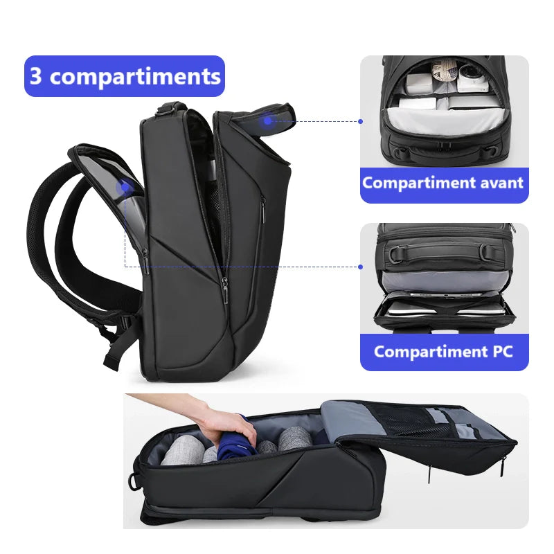 Sac à dos noir à compartiments multiples.