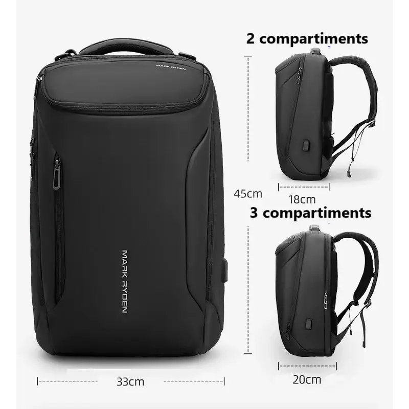 Sac à dos noir avec dimensions.