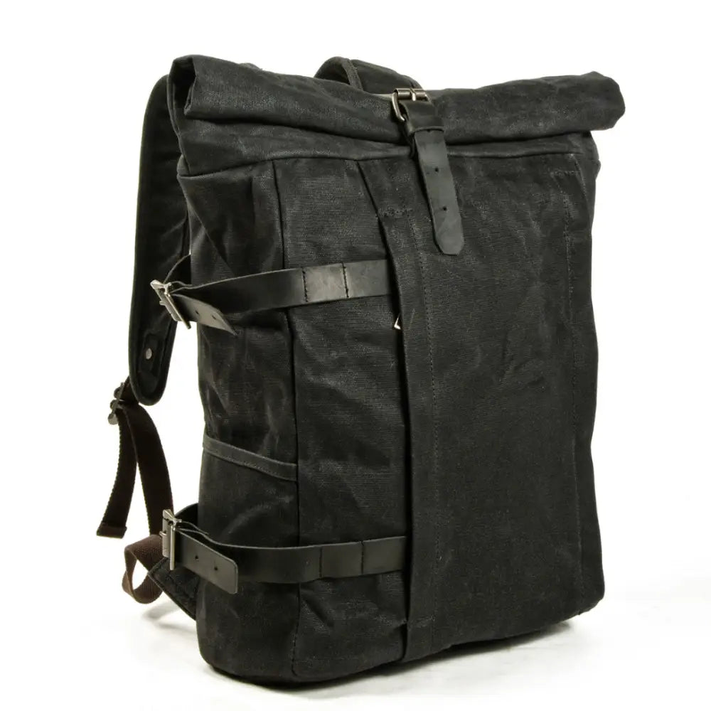Sac à dos rétro vintage en toile noire avec ouverture à rouleau Solstice