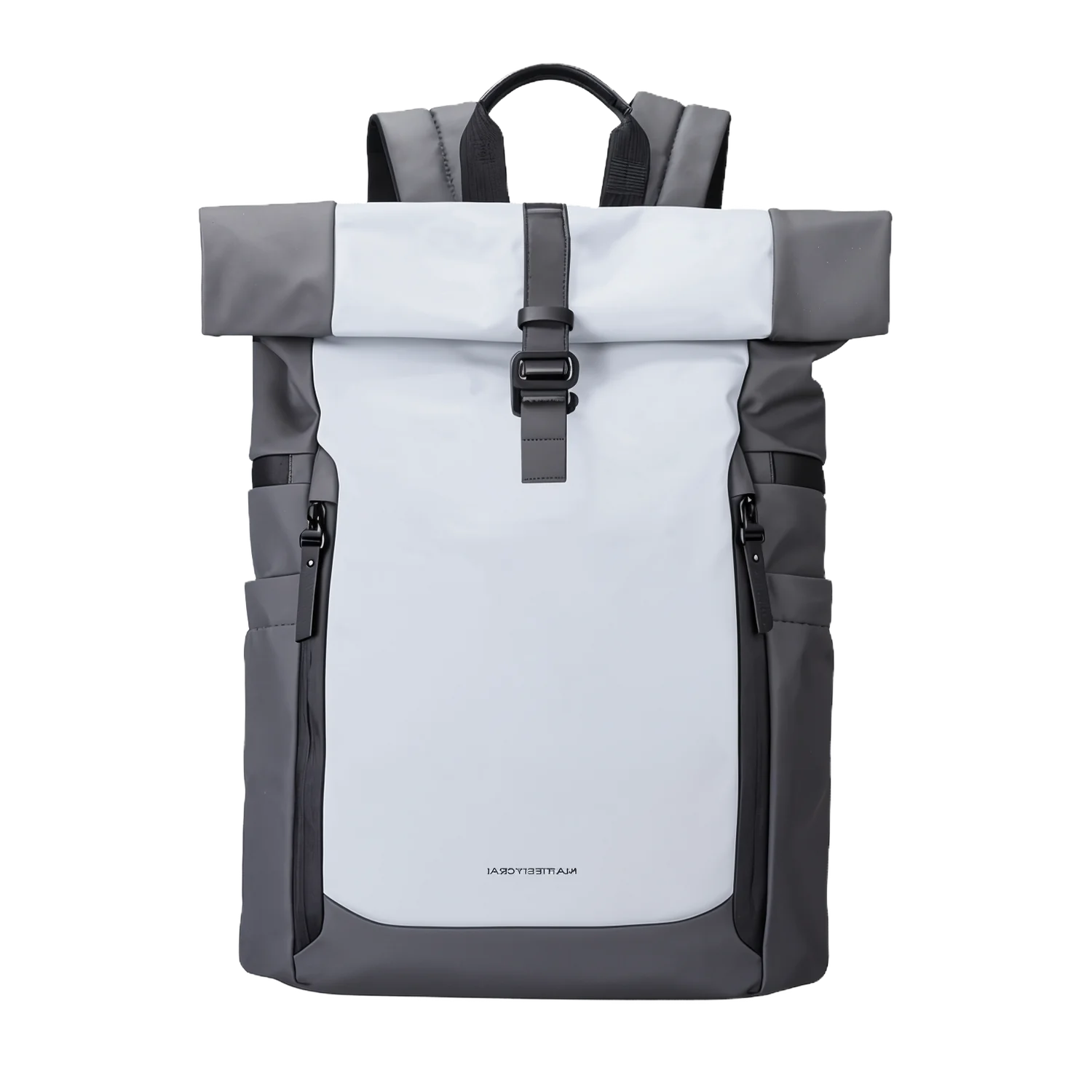 Sac à dos à roulettes gris et blanc.