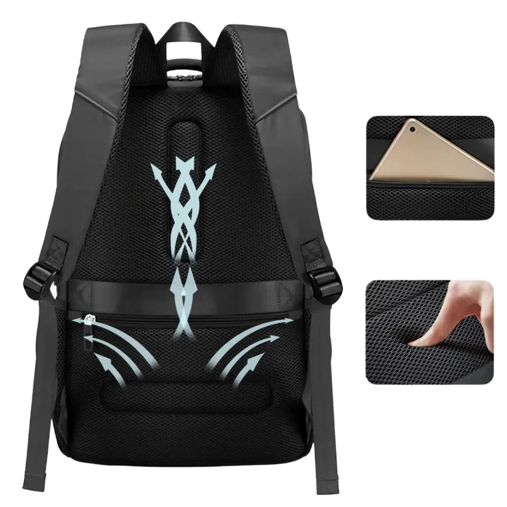 Sac à dos noir avec dispositifs d’aération.