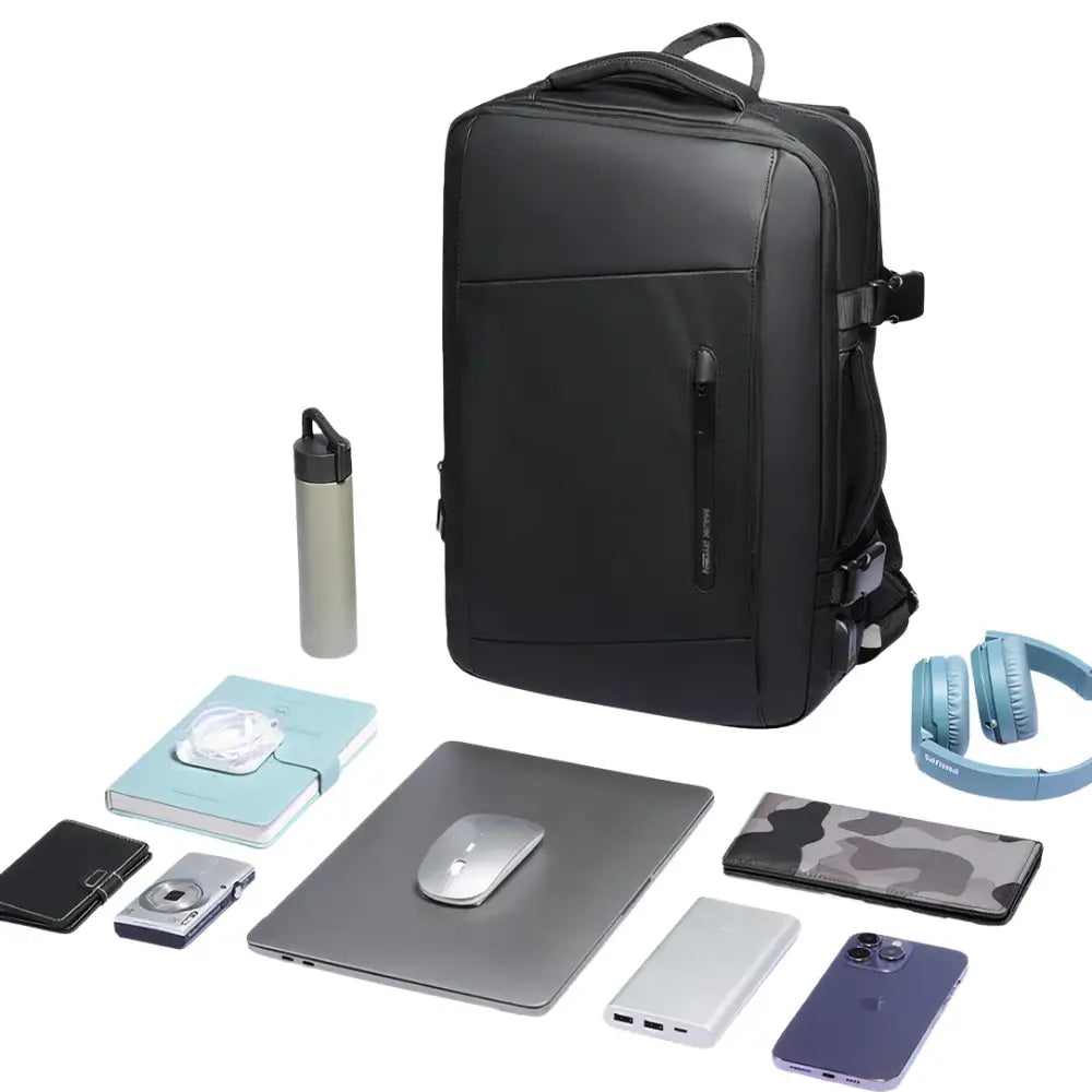 Sac à dos voyage ordinateur doté d’un design noir avec accessoires TechTrek