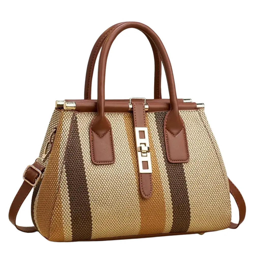 Sac à main coloré en tissé à rayures avec accents en cuir brun pour un style unique