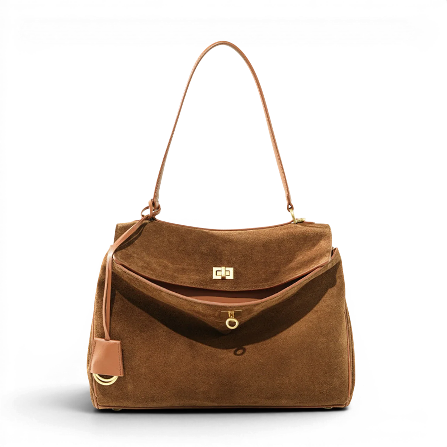 Sac à main de cours capucine en daim souple marron avec poignées en cuir tan et ferrures dorées
