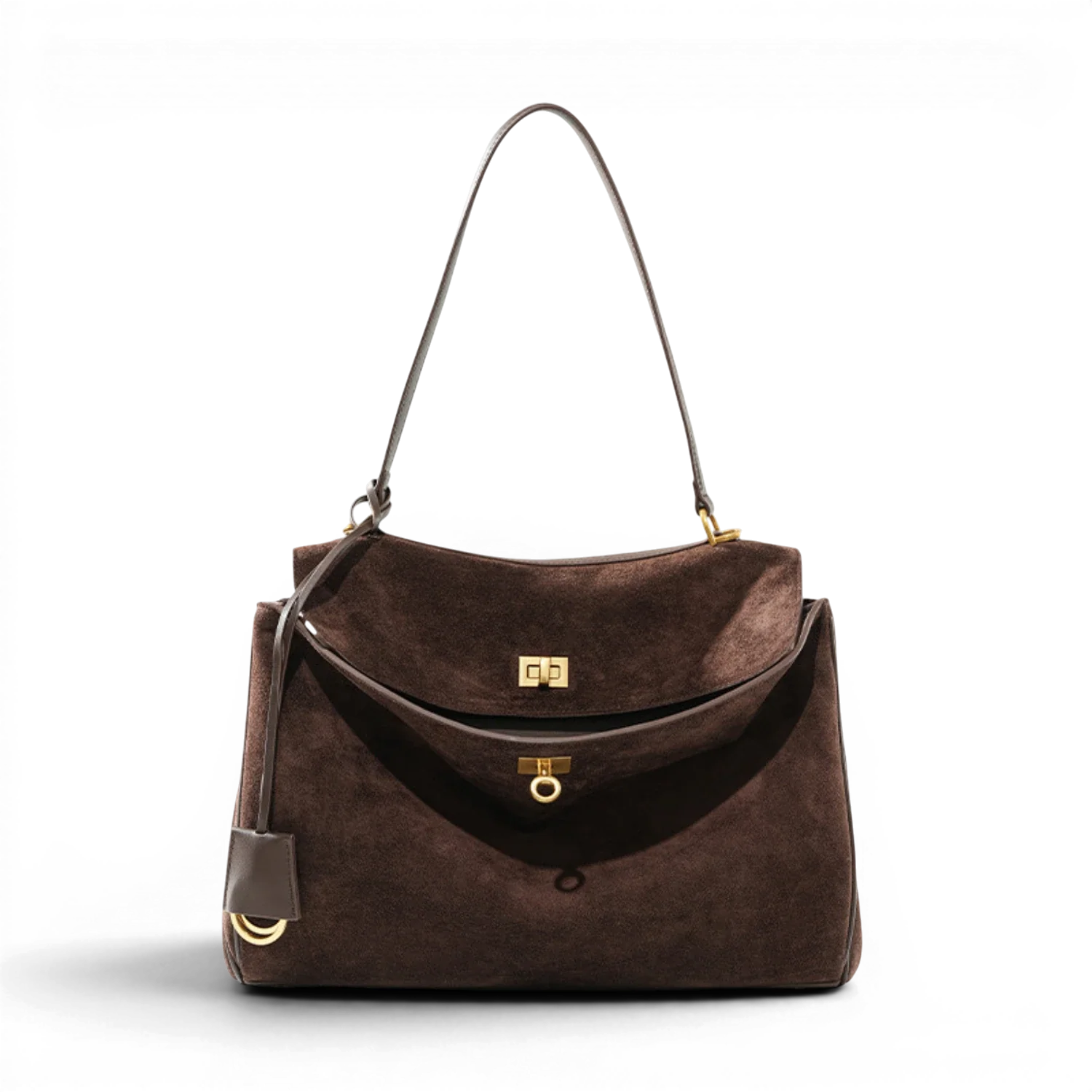 Sac à main cours capucine en daim souple marron avec fermeture à rabat et détails métalliques dorés