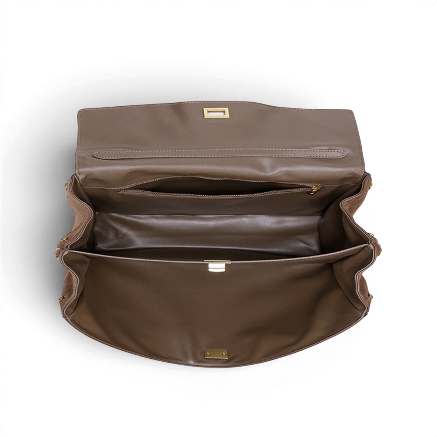 Sac à main cours capucine en cuir taupe avec quincaillerie dorée et intérieur structuré en daim souple