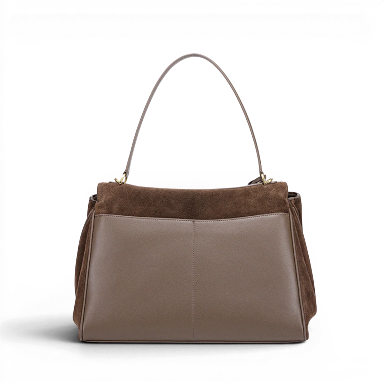 Sac à main cours capucine en daim souple taupe et cuir marron avec finition en métal doré