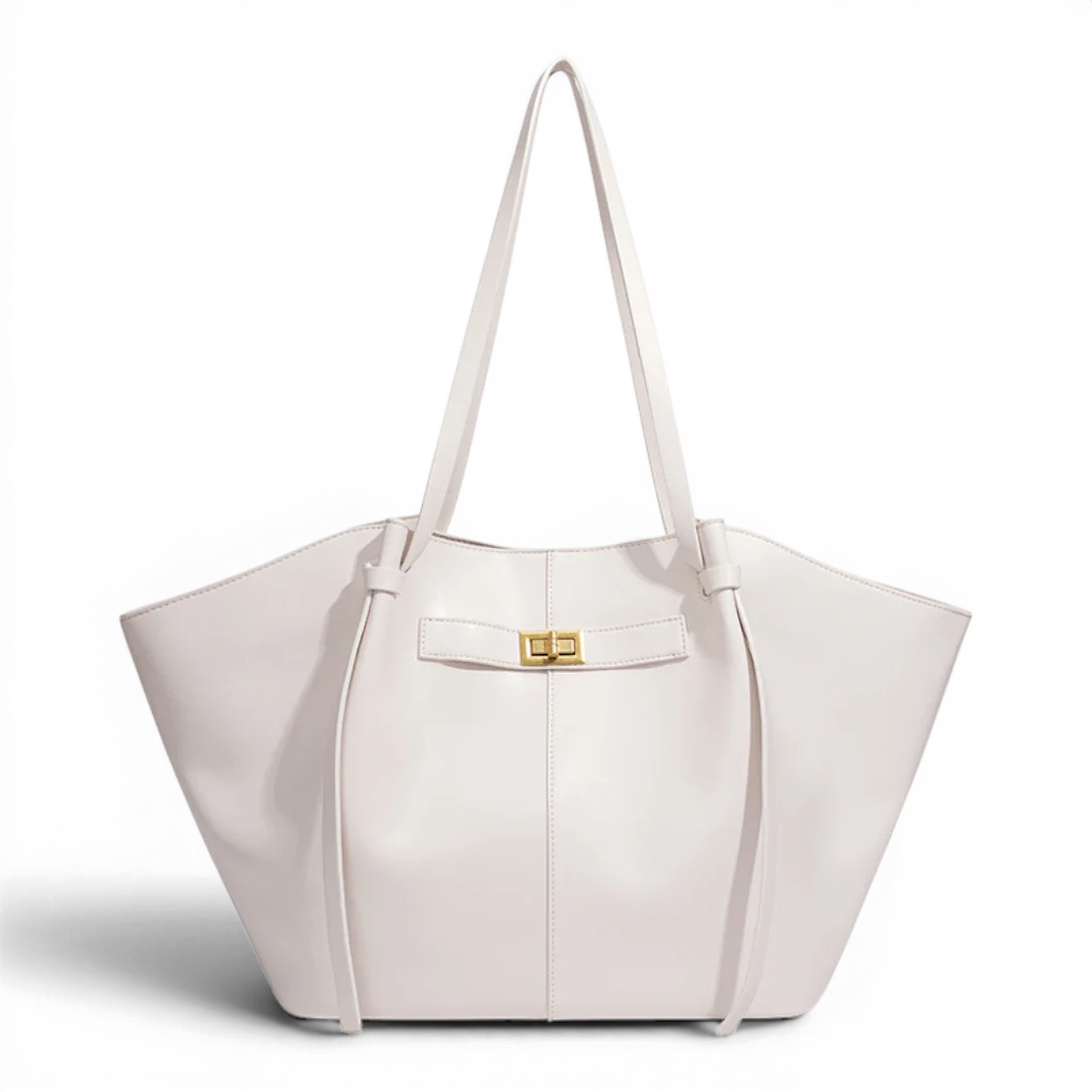 Sac à main de cours en cuir blanc avec grande capacité, fermoir rabat et détail en métal doré marki ines