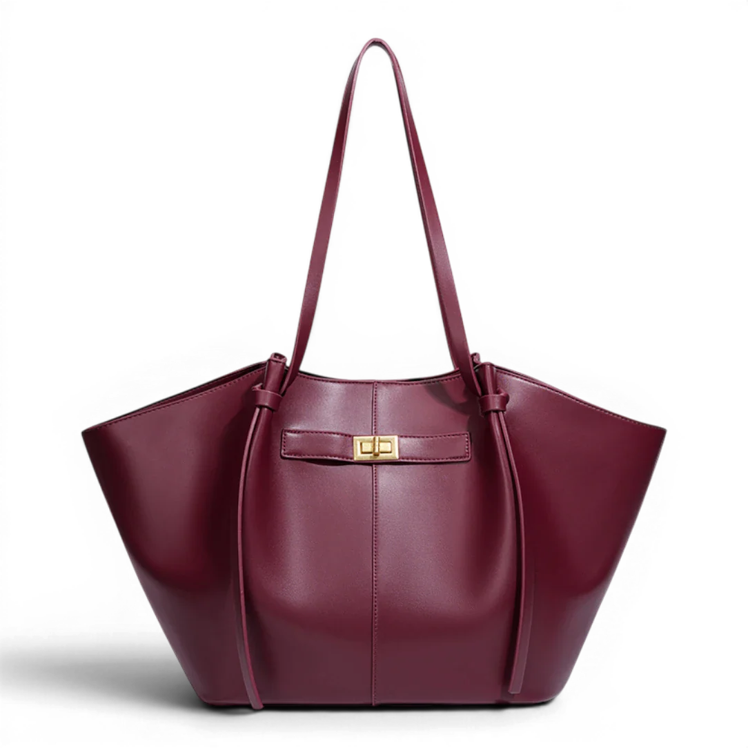 Sac à main en cuir bordeaux avec grande capacité sac à main de cours INES à fermeture dorée et anses assorties