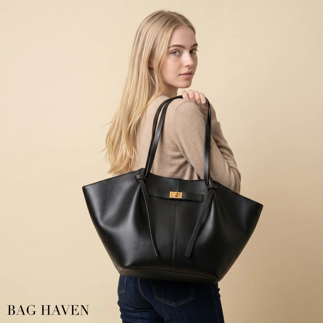 Sac à main en cuir noir grande capacité avec fermeture dorée et design structuré spacieux sac à main INES