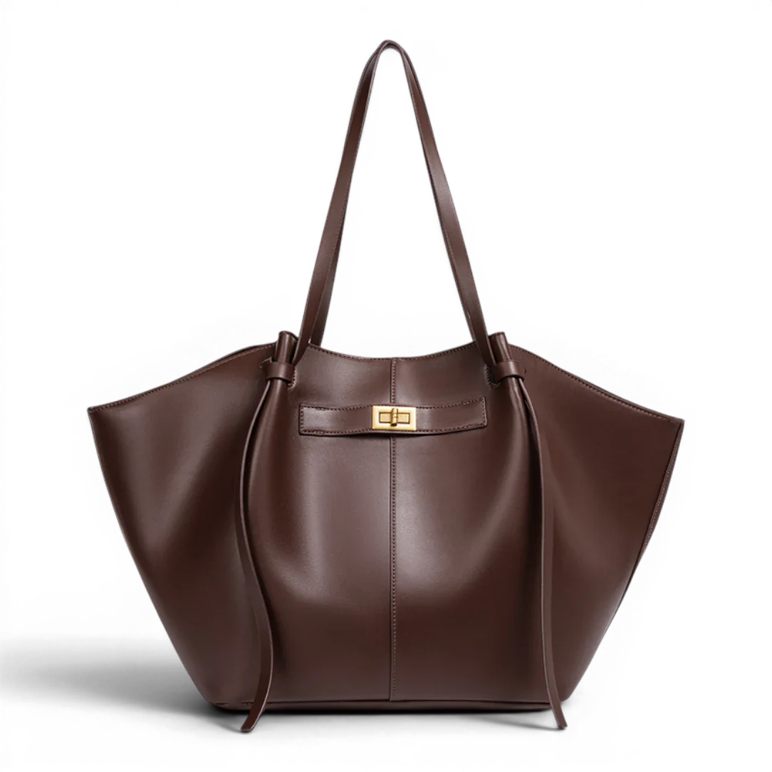 Sac à main de cours grande capacité en cuir marron avec design minimaliste et détails en métal doré