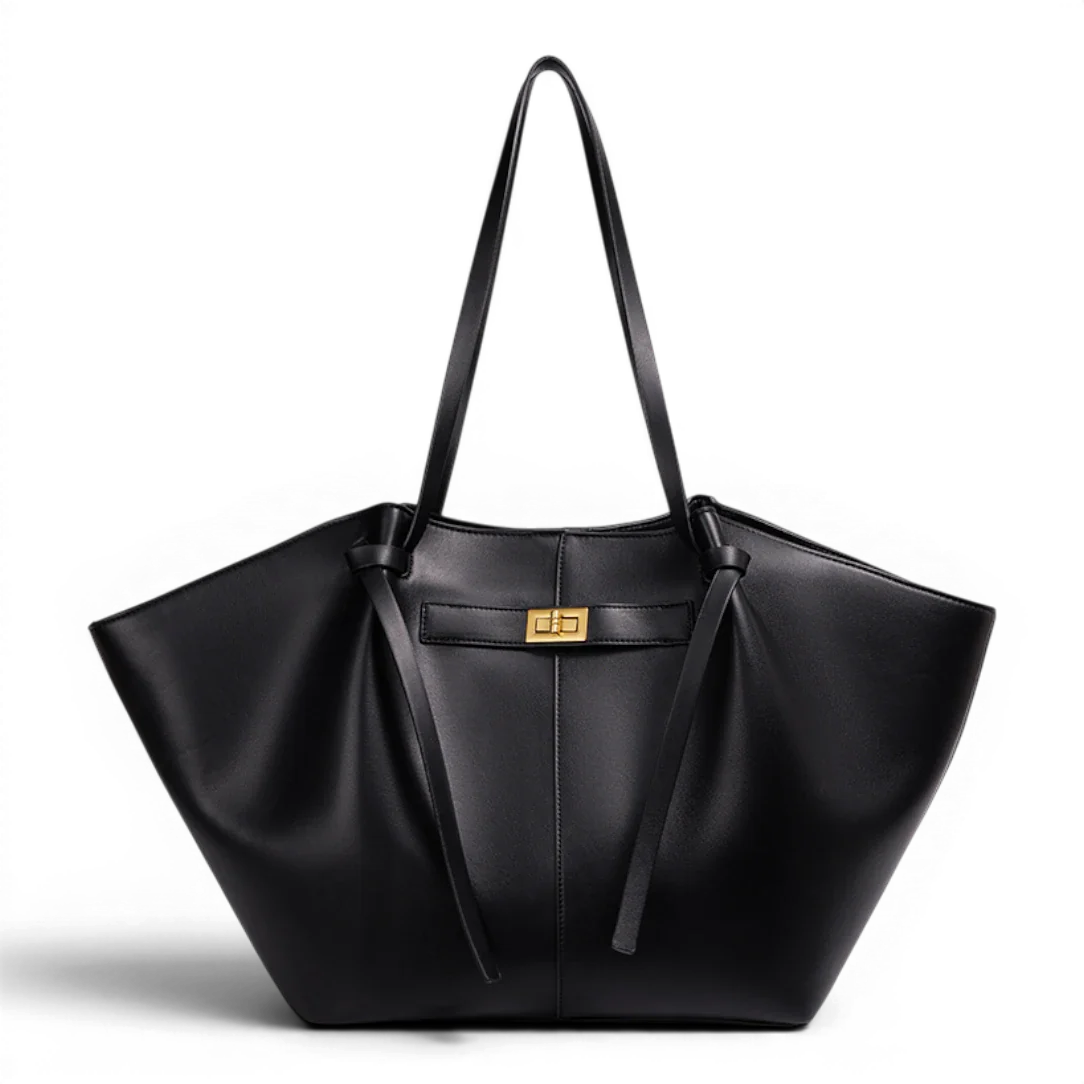 Sac à main sac à main de cours grande capacité en cuir noir avec boucle centrale et quincaillerie dorée