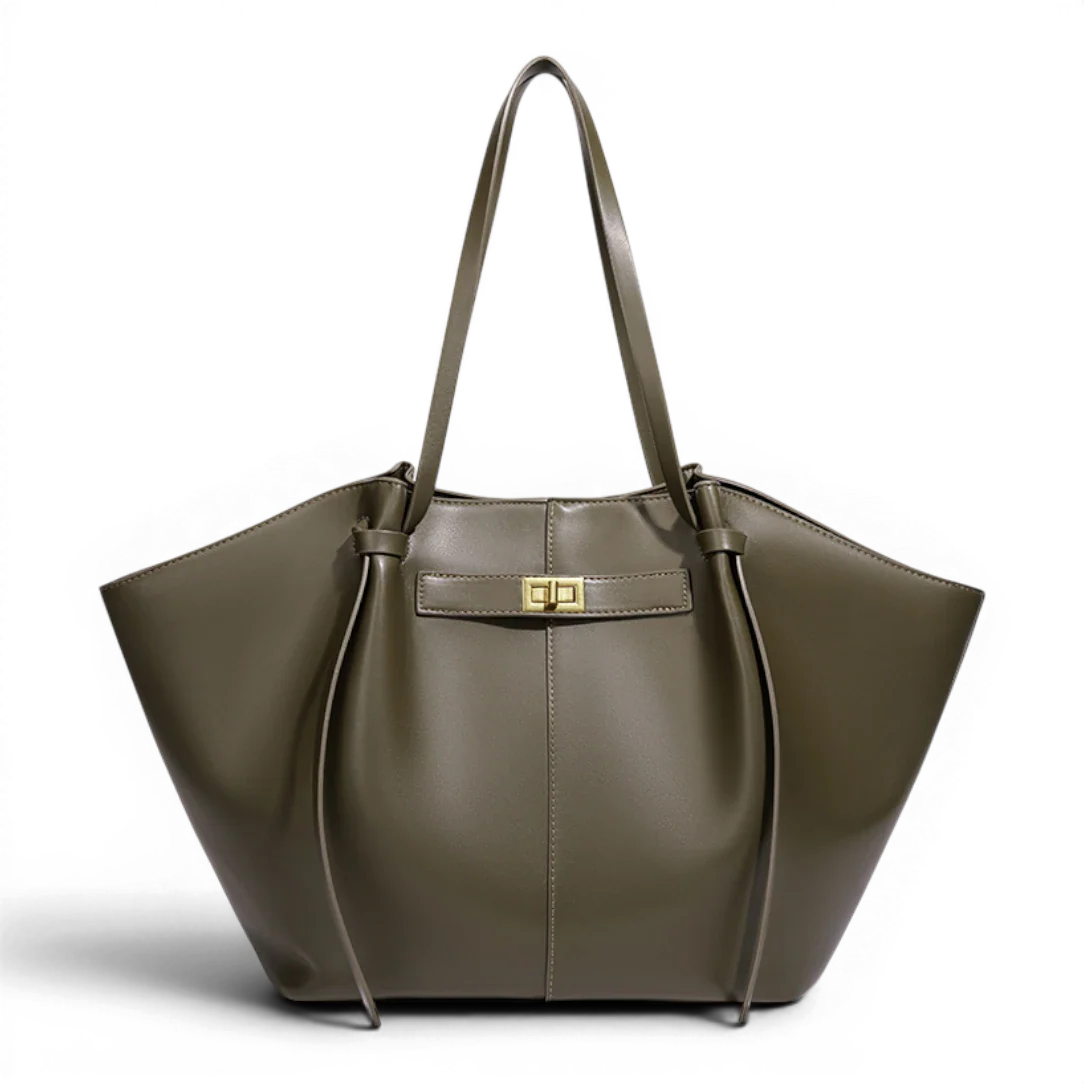 Sac à main de cours grande capacité en cuir olive avec poignées structurées et détails en métal doré