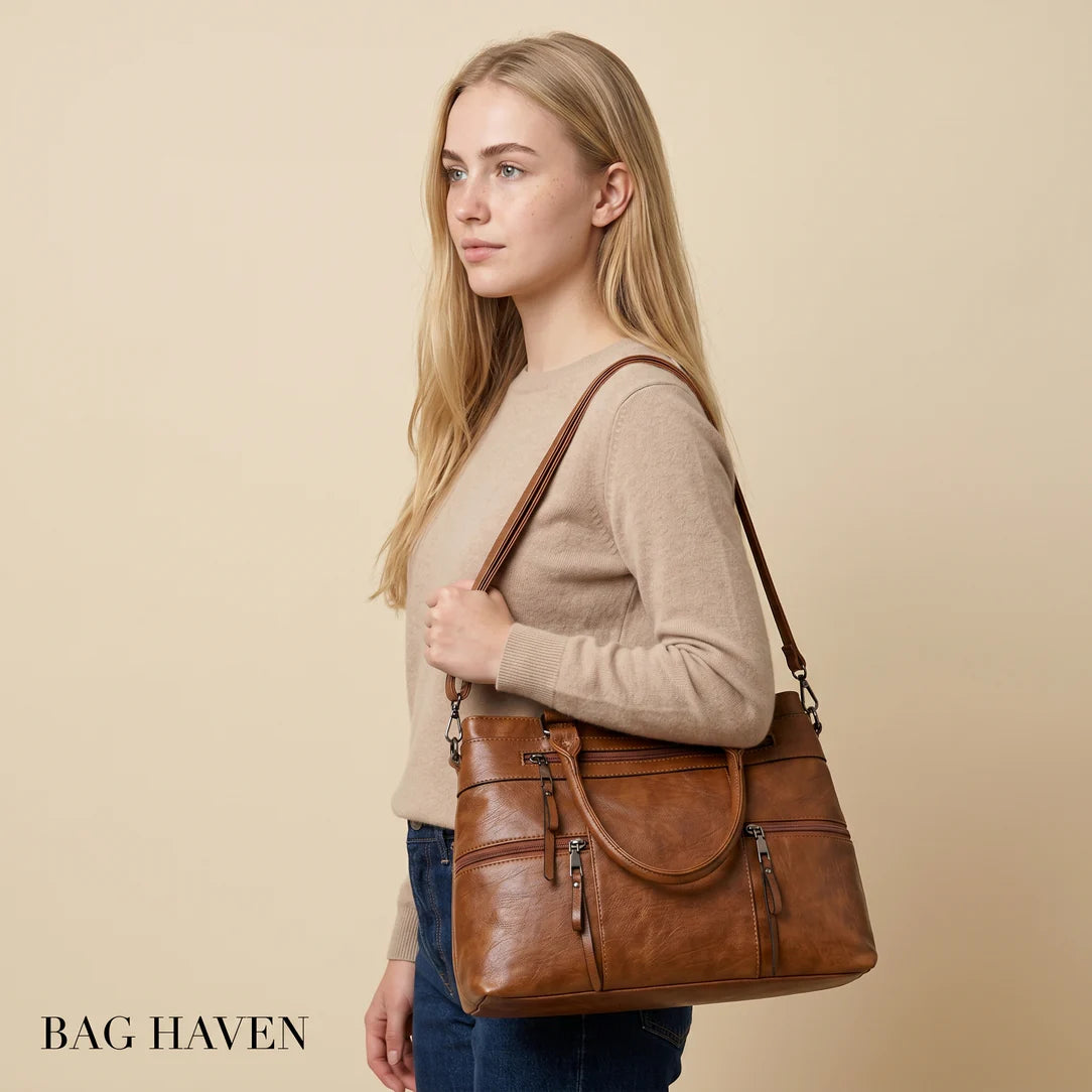 Sac à main de cours satiné vander en cuir marron avec plusieurs fermetures éclair et design structuré