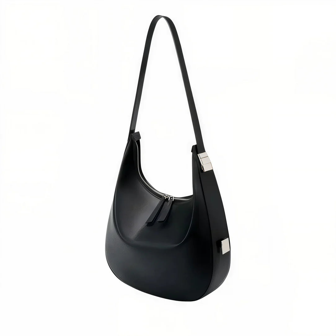 Sac à main demi lune en cuir noir, style hobo, parfait pour un look élégant