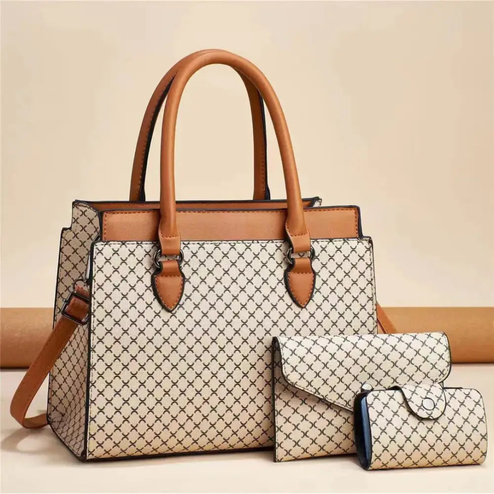 Sac à main élégant avec motif, portefeuille et porte-cartes assortis