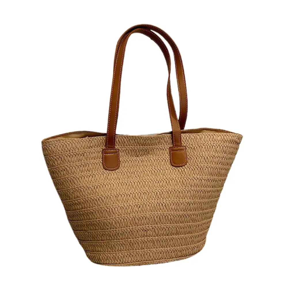 Sac à main en paille avec poignées en cuir marron, style tote tissé