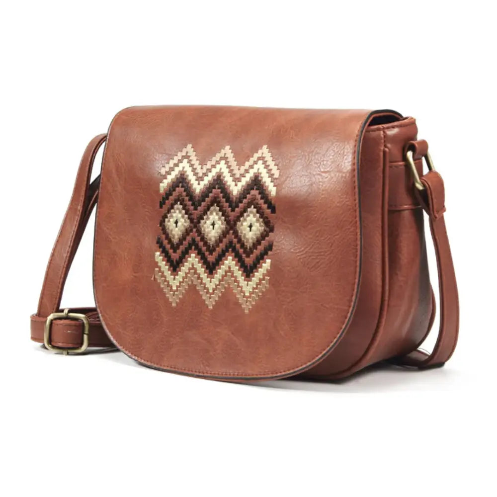 Sac à main à motif en faux cuir marron avec design brodé, style élégant