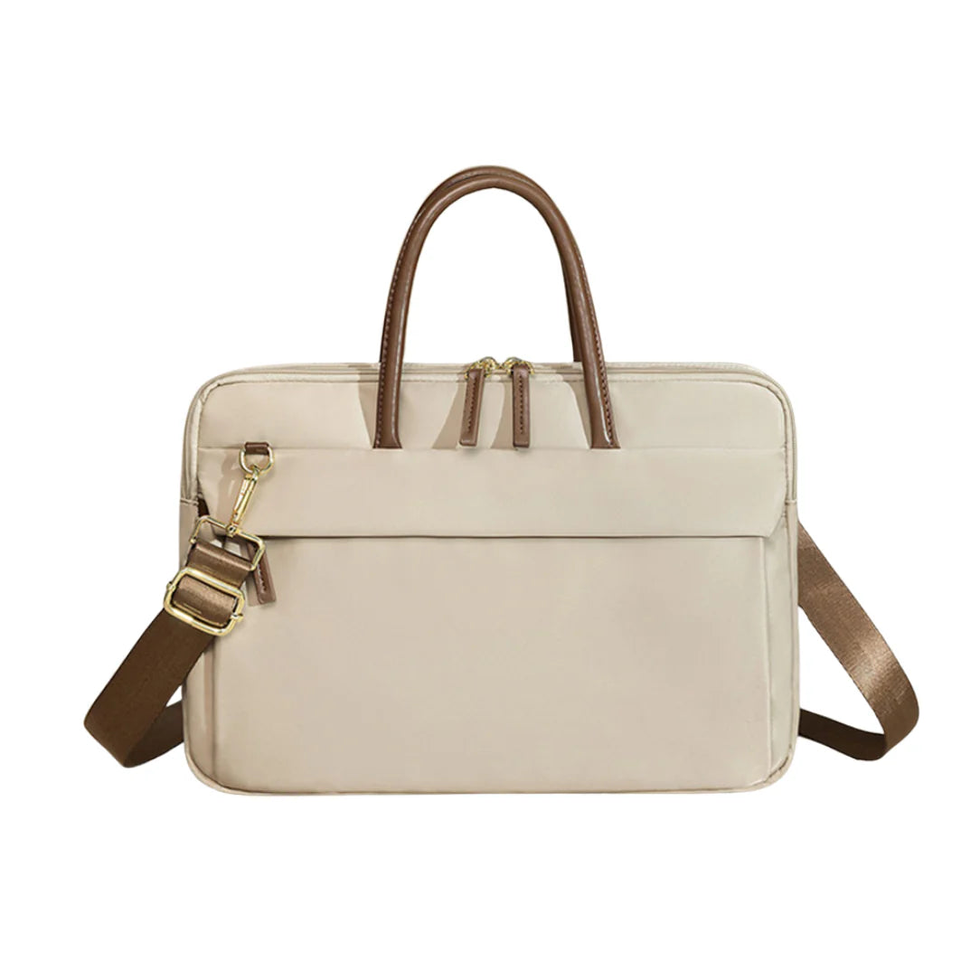 Sac à main ordinateur élégant femme avec finitions cuir beige et accents marron