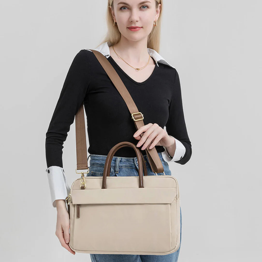 Sac à main ordinateur élégant femme avec finitions cuir beige, anses marron