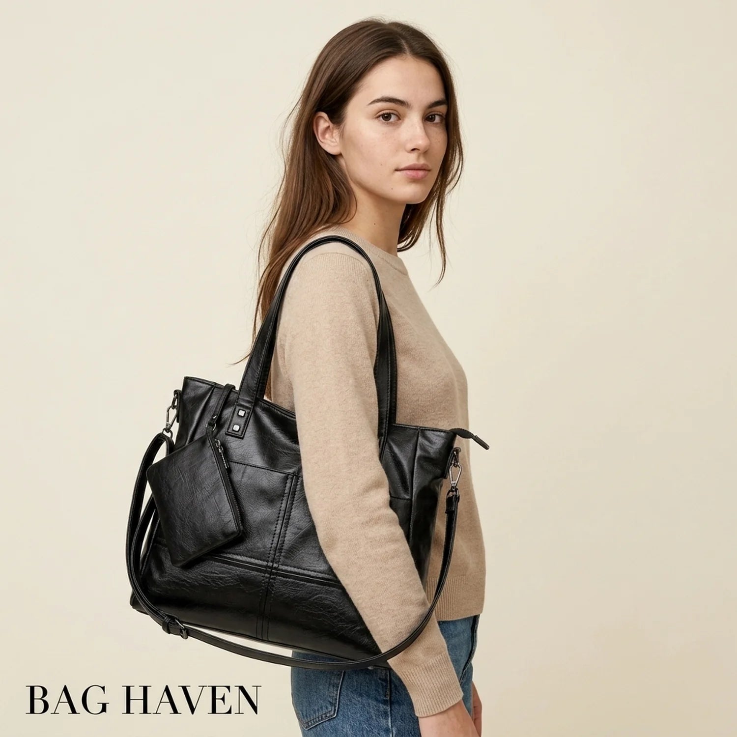 Sac à main en cuir verni noir modèle spacieux avec bandoulière détachable et pochette attachée cours montaigne
