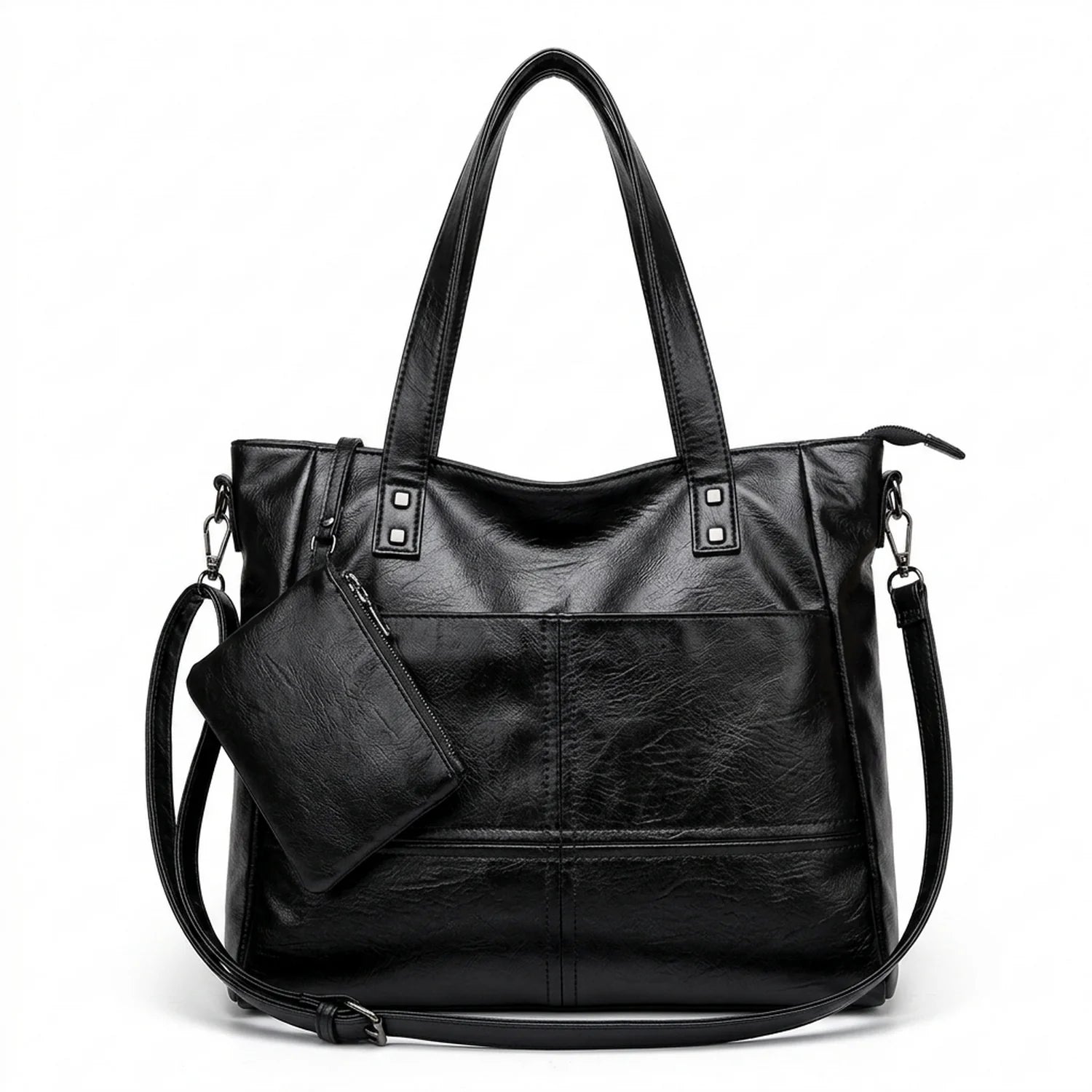 Sac à main verni cours montaigne en cuir noir avec bandoulière amovible et modèle spacieux avec pochette assortie