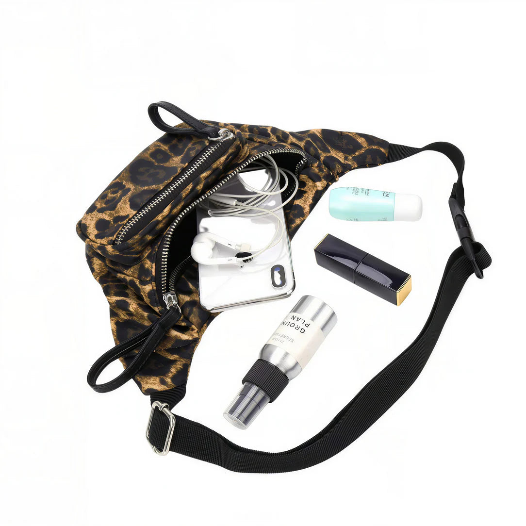 Sac banane multipoches léopard avec contenus, style tendance et pratique pour tous