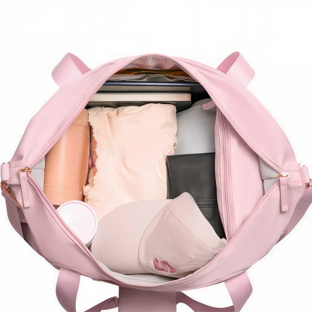 Sac bandoulière femme voyage Molfmy avec toilette assortie et sac pink ouvert