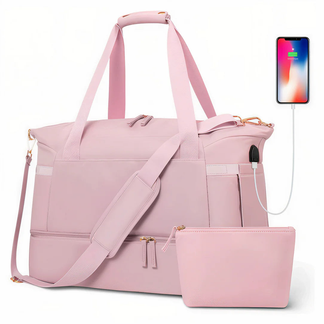Sac bandoulière femme voyage Molfmy avec toilette assortie et duffel rose chargeur de téléphone