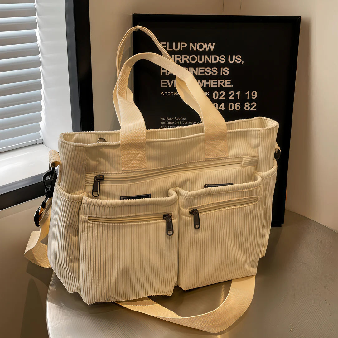 Sac bandoulière velours côtelé en matière douce avec multiple poches, chic et pratique